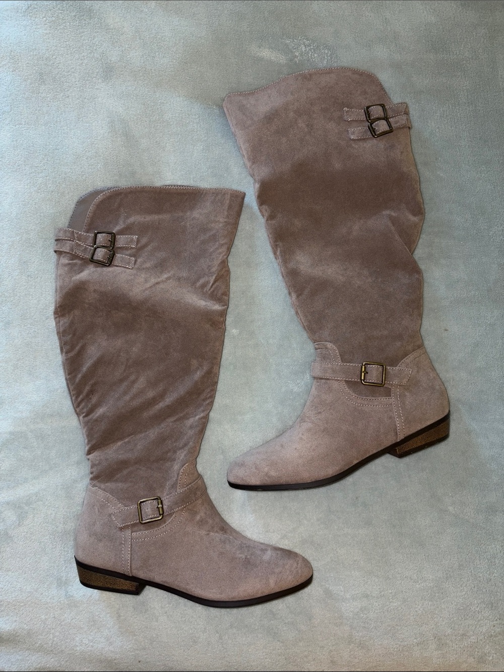 NWT Knee High Suede Buckle Boots - Taupe